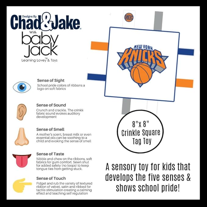 The Learning Lovey New York Knicks Baby Tag Toy, NBA Basketball Sensory Crinkle Toys, Soft & Safe, Ideal Stroller, BPA-Free with Clip, 8" x 8"