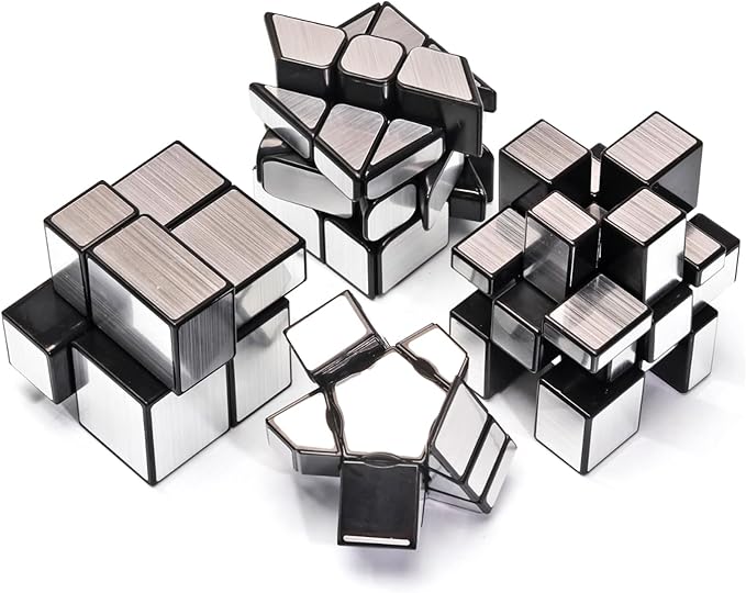 AI-YUN Mirror Cube Set, Speed Cube Set of 4 Pack, 1x3x3 Ghost Cube, 2x2 3x3 Mirror Blocks, 3x3 Windmill Cube, Brain Teasers, Puzzle Toys, Silver
