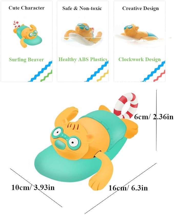 Pull String Baby Bath Toy Pull & Go Beaver Cute Surfing Beaver Swimming Beaver Windup Clockwork Bathtub Toy for Toddlers (Blue)