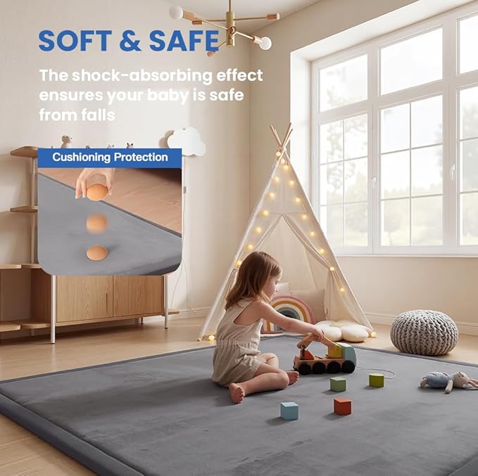 Huloo Sleep Ultra Soft Baby Play Mat for Floor,1.3" Thick Elasti-Foam 50x50 Playpen Mat for Toddlers Infant kids,Non-Slip Backing Safe for Crawling&Tummy Time,Tatami Style (Dark Grey)