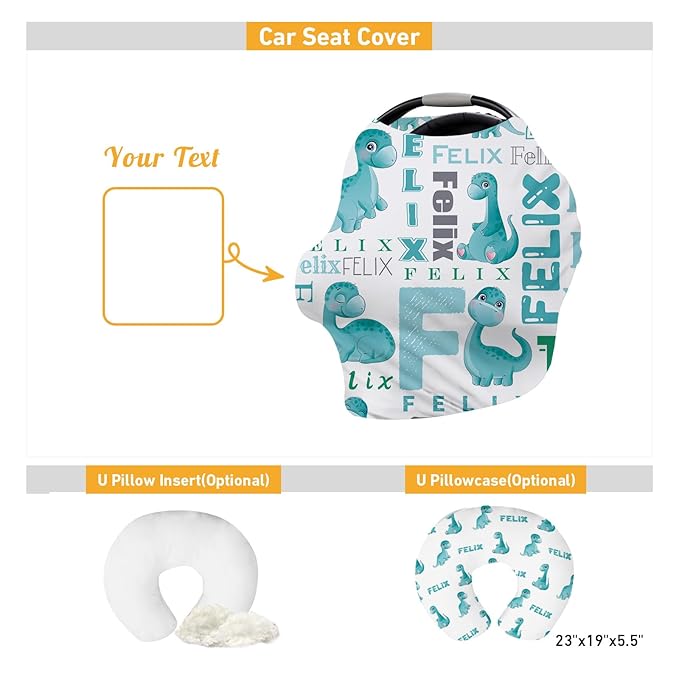 Personalised Car Seat Cover for Girls and Boys - 7 in 1 Multipurpose Breast Feeding Cover, Nursing Cover, Grocery Cart Cover - Birthday Gift for 0-2 Years Babies Green Dinosaur Pattern (27"x29")