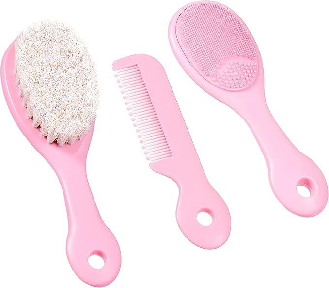 BRADYS HOUSE - 3 Piece Baby Hair Brush and Comb Set for Newborns and Toddlers (Pink)