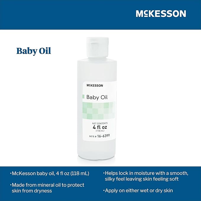 McKesson Baby Oil for Dry Sensitive Skin, Scented Mineral Oil to Prevent Moisture Loss, 4 oz, 96 Count