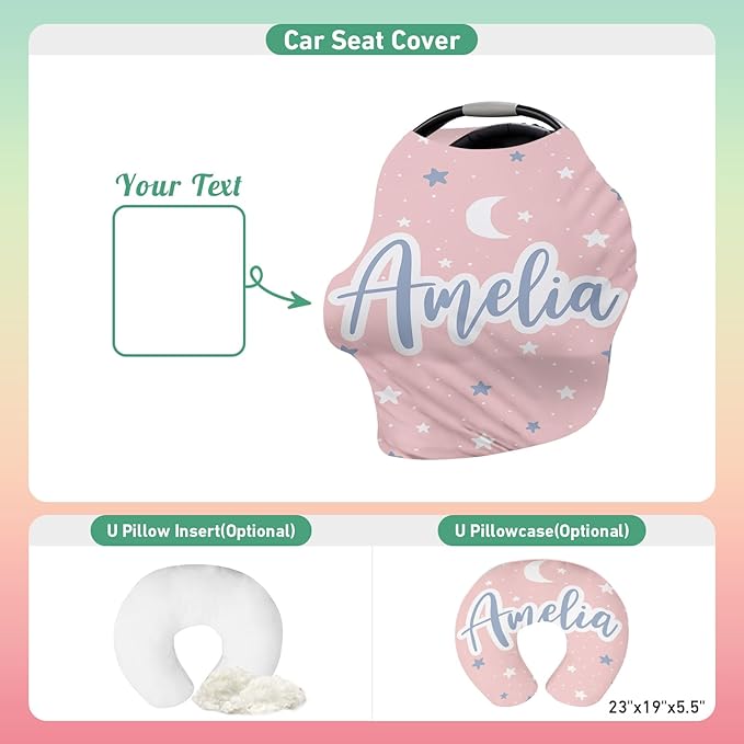 Custom Car Seat Covers for Babies - Breathable Baby Car Seat Cover for Girls Boys, Pink Moon Kick-Proof Newborn Carrier Canopy Stretchy Stroller Cover for 4 Seasons