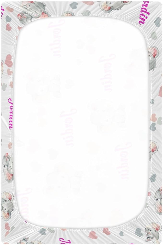 Personalized Pack and Play Sheets for Baby Girls - Custom Name Mini Crib Sheets, Soft and Breathable Material (Elephant Pink)