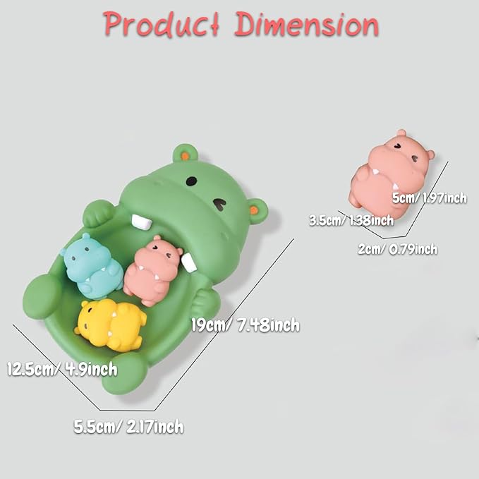 Seal & Hippo Family Bath Adventure Set, 1 Mother Seal & Hippo and 3 Baby Seal & Hippo, Soft Vinyl Material, One-Piece No Hole Design (Hippo)