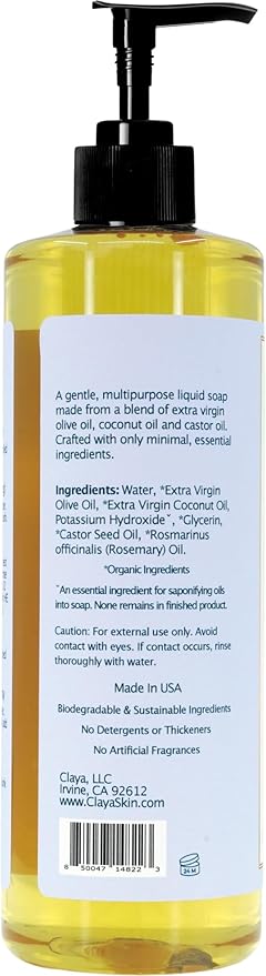 Liquid Castile Soap – Organic Ingredients, Biodegradable, Gentle for Sensitive Skin and Versatile Use (16 fl oz (Pump Cap), Rosemary)