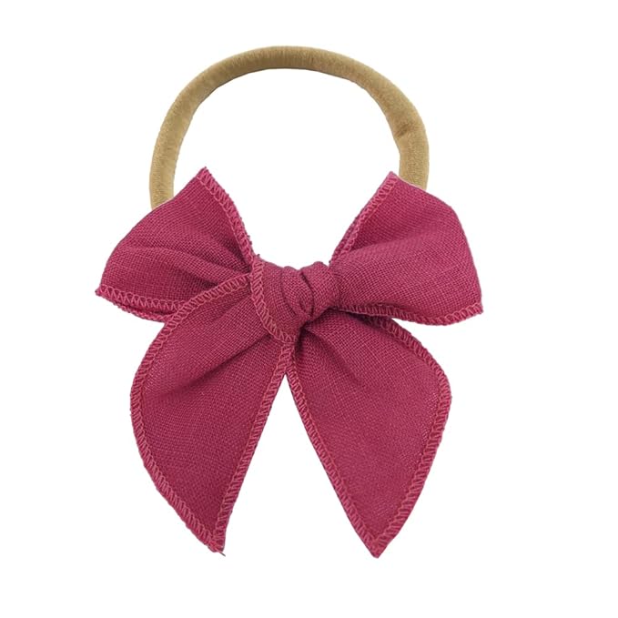 Sugarmelon Linen Bow Nylon Headband for Baby Newborn Infant Toddler Hair Bow Elastic Bands for Baby Girls Little Kids Headbands (Linen Fable bow 3'')