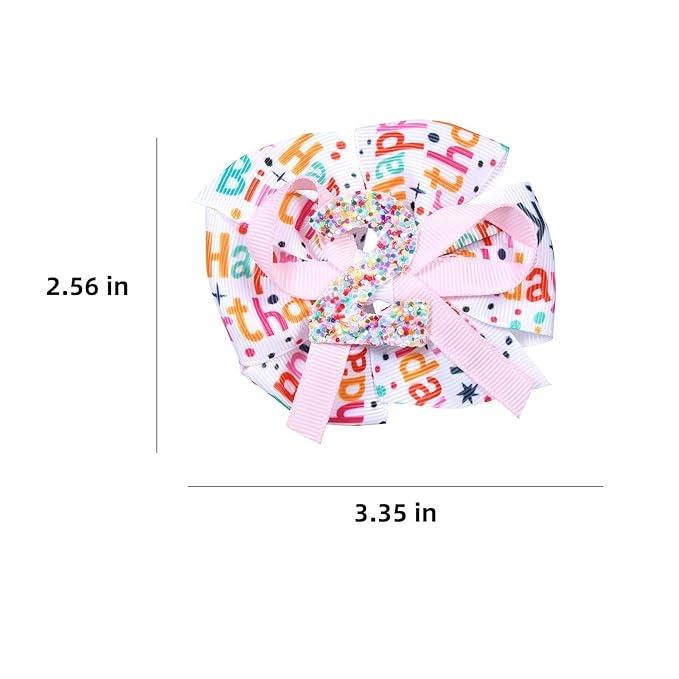 3.5" Glitter Happy Birthday Hair Bow Clips for Baby Girls 1 2 3 4 5 Years Cute Pink Sprinkle Confetti Ice Cream Party Dress Pigtail Decoration Accessories Gift for Her 2nd Birthday