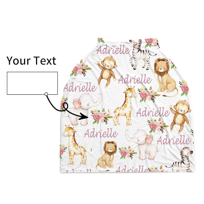 Personalized Baby Car Seat Cover Stroller Canopy: Custom Name Newborn Baby Boy Girl Elastic Animals Nursing Cover for Moms First Birthday Gift Giraffe Monkey(one Size)