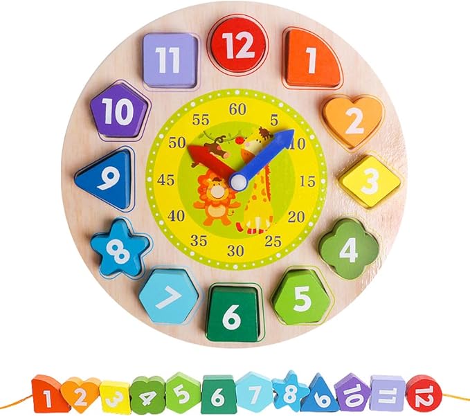 Skrtuan Wooden Sorting Clock Toy for Toddlers 3-5 Years Old, Montessori Shape Color & Animal Puzzle, Educational Learning Gift for Teaching Time, Numbers, and Fine Motor Skills