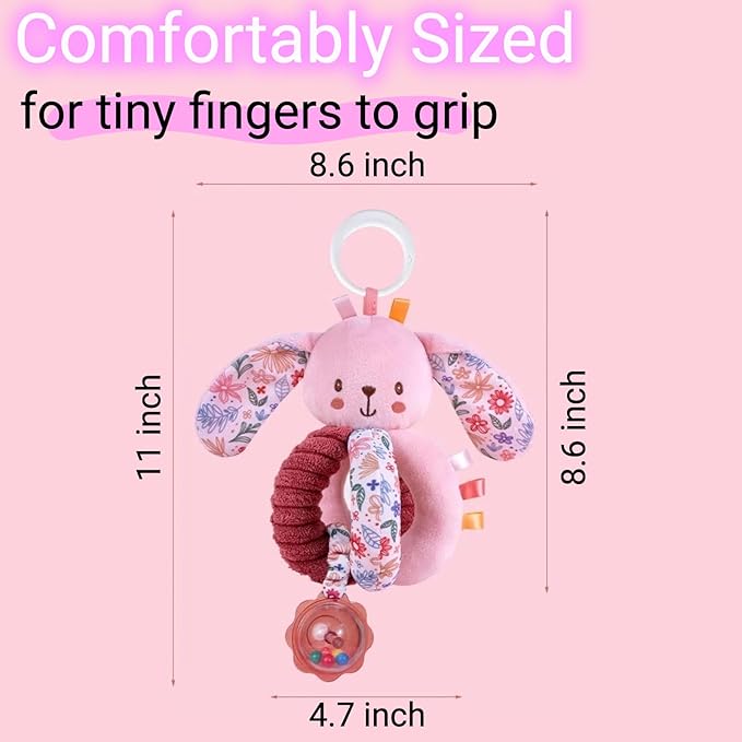 Baby Stroller Hanging Car Seat Toys for Infants 0-6 Months Girl 0-2-3-4-5-7-8-9-10 6-12 Month Old Newborn Gifts, Carseat Pink Plush Bunny Toy for Babies Play Gym Rattle Easter Basket Stuffers