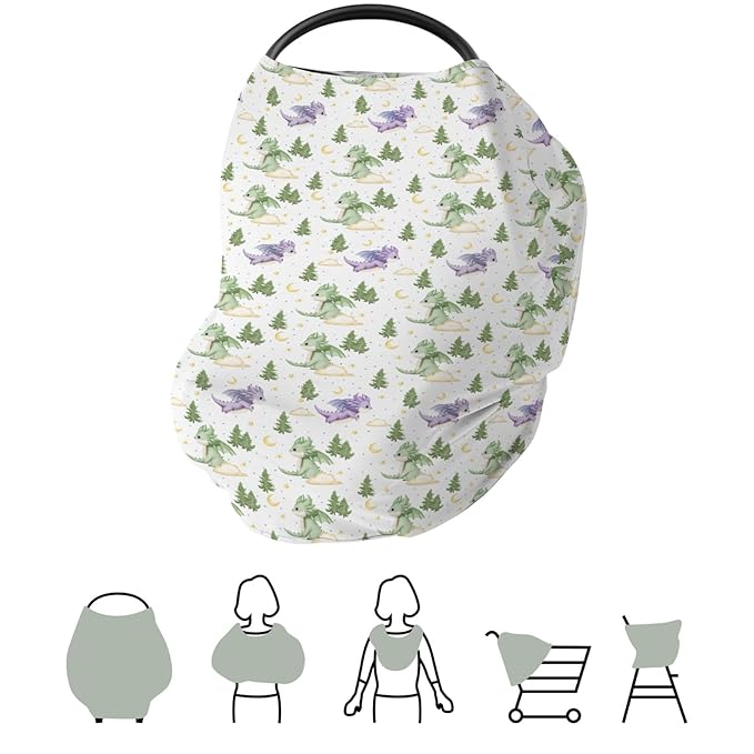 Fantasy Dragons Purple and Green Baby Car Seat Covers Fairytale Dragon Stars Trees Moon Clouds Stretchy 5-in-1 Cover Adjustable Infant Carseat Cover Canopy Cute Animal Breathable Nursing Cover-Up
