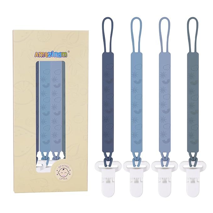 One Piece Design Silicone Pacifier Clip Holder for Baby Boys and Girls,Pack of 4 Flexible Paci Leash,Binky Clips,Newborn Essentials (Sun & Cloud & Rainbow, Gray)
