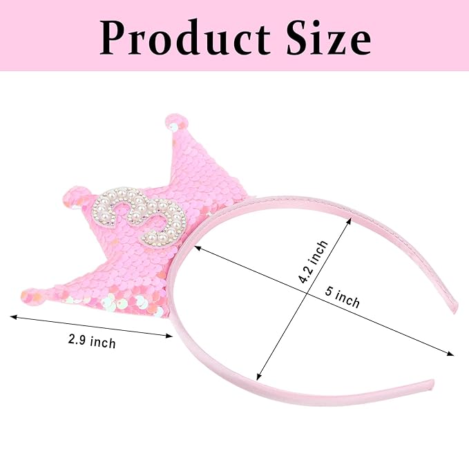 Birthday Crown Headband Pink Glitter Headbands for Girls 3 Year Old Girl Gifts 3rd Birthday Decorations