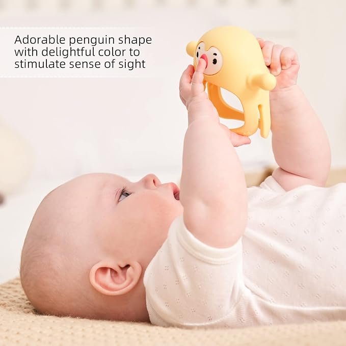 Smily Mia 2pk Penguin Teethers, TeethingToys for Babies 0-6Months, Baby Teethers for 3-6Months, Teething Mittens for Infants, Pacifiers for Breastfed Babies, Light Yellow