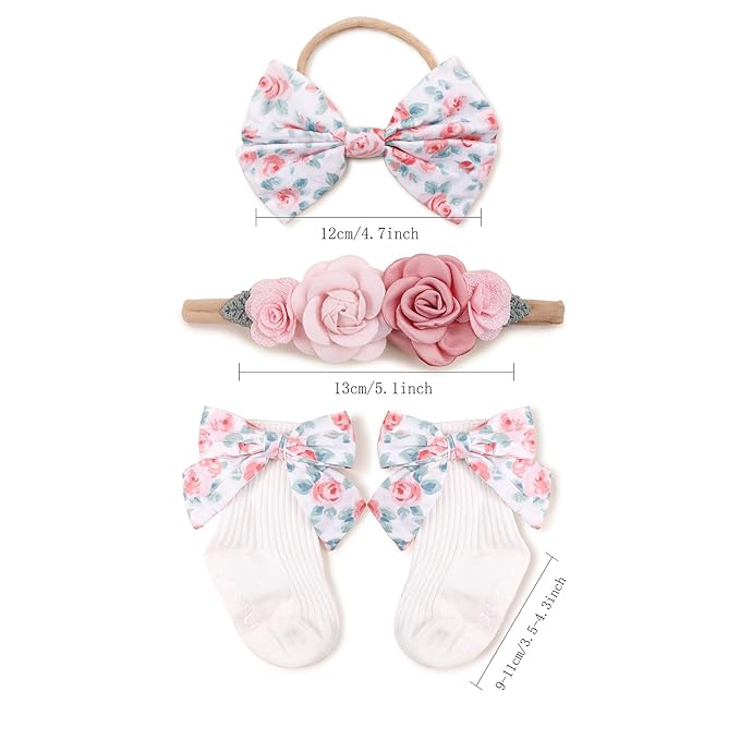 cherrboll Baby Girl Headbands and Socks Set, 3Pcs Soft Floral Hairbands Hair Bows Knit Socks for Newborn Infants Toddlers Photography Props Gifts