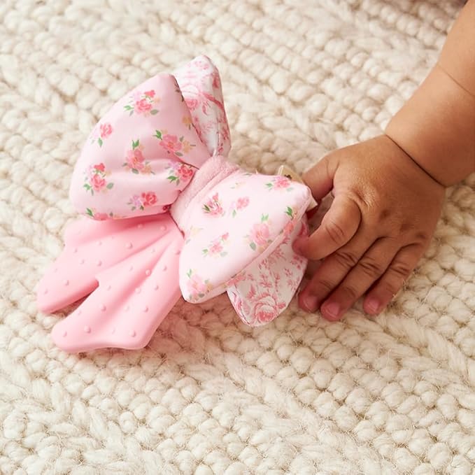 Itzy Ritzy Crinkle Teether Toy – Bow Teething Toy Includes Silicone, Velour & Crinkle Material – Features Multiple Textures for Teething Relief – Designed for Ages 3 Months and Up (Bows)