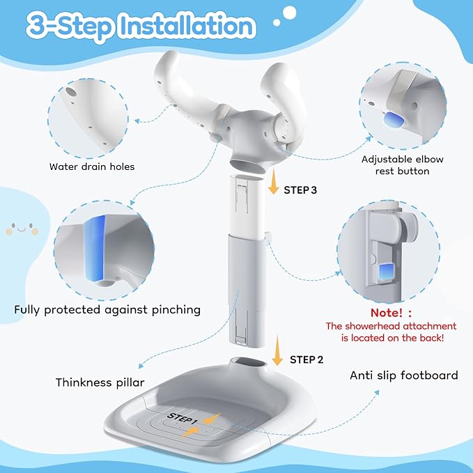 Upgraded Baby Shower Stand with Anti-Pinch Silicone & Anti-Slip Base, Adjustable Height Baby Bath Standing Support, Soporte para Bañera de Bebé Assist Holder for 6-36 Months Toddler, Ideal Gift, Gray