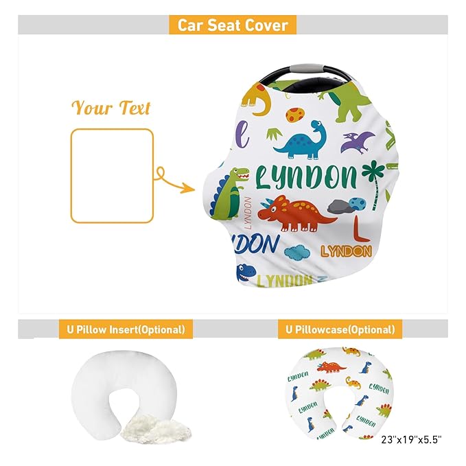 Personalised Car Seat Cover for Babies - Multi-use Carseat Canopy Cover with Name, White Dinosaur Print Car Seat Covers, Birthday Gifts for 0-2 Years Infant Boys and Girls(27"x29")