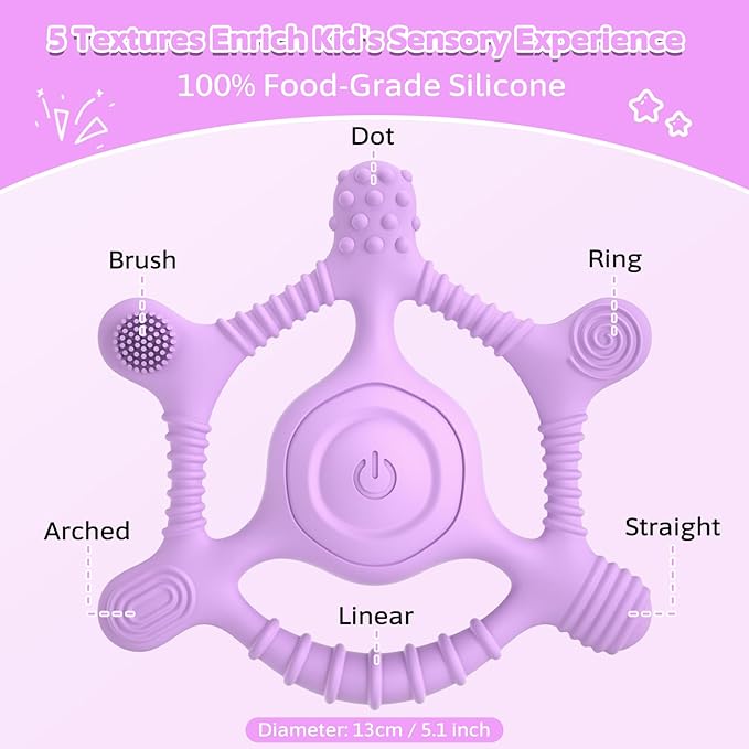 Vibrating Teether for Baby, Sensory Toys for Kids with Autism & Teething Relief for Babies 6-18 Months, USB Chargeable with 3 Vibration Settings, Autism Sensory Products (Purple)