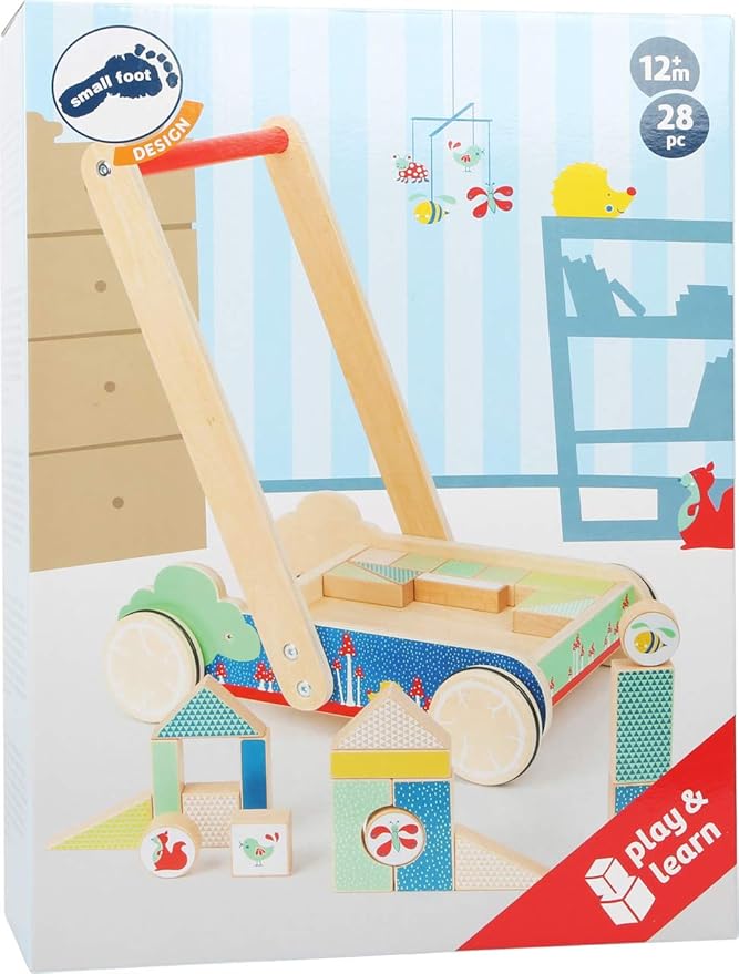 Small Foot 11435 11435Building Walker Move it, Made of Wood, with 27 Building Blocks with Prints, for Baby's First Steps Toys, Multicolored