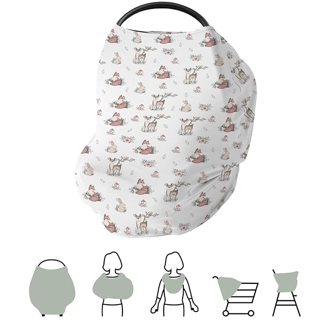 Neutral Boho Animal Baby Car Seat Covers Deer Rabbit Fox Floral Mushroom Stretchy 5-in-1 Cover Adjustable Infant Carseat Canopy Cover Baby Forest Animals Breathable Nursing Cover-Up
