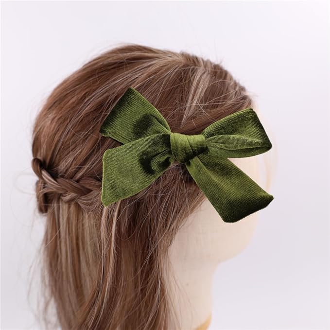 Vintage Velvet Bow Hair Clips for Baby Girl Kids Women Fall Velvet Christmas Hair Bows Barrettes Accessories (2 pcs Olive)