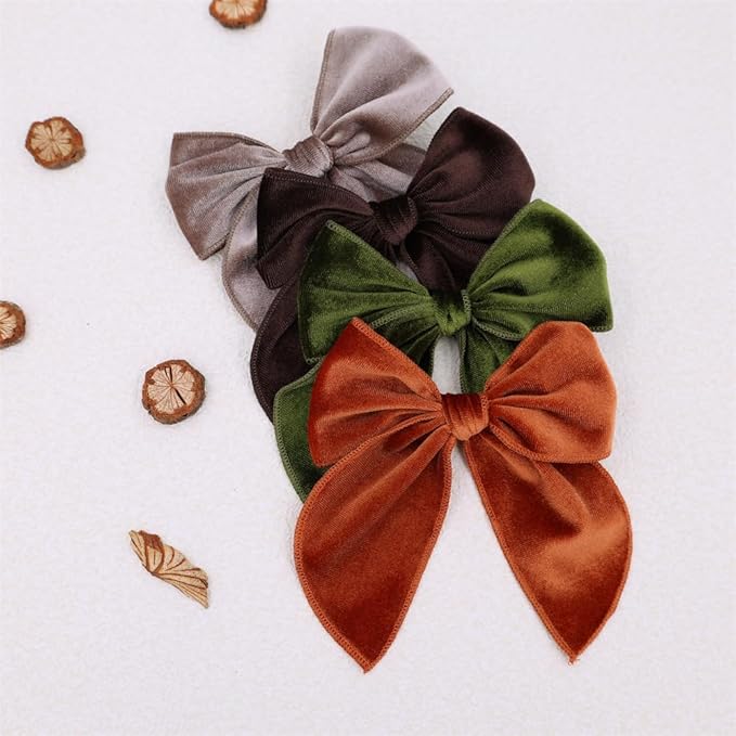 Pack of 4 Large Velvet Fable Bow Hair Clips for Kids Toddler Girl Mom Velvet Hair Bow Alligator Clips Baby Girls Women Hair Accessories (Rust/Brown)