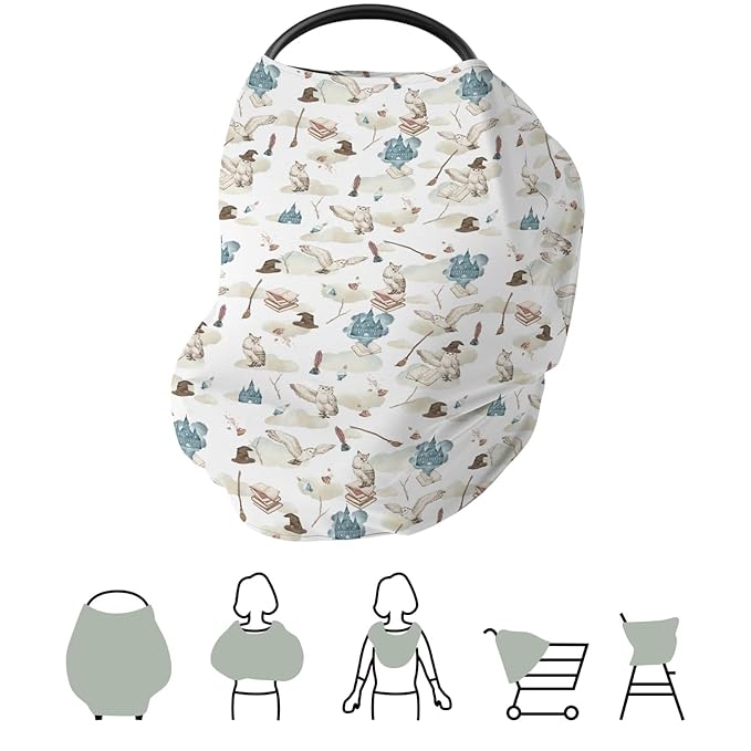 Vintage Wizard Owls Car Seat Cover for Babies Watercolor Witch Hat Books Castle Clouds Stretchy 5-in-1 Cover Adjustable Infant Carseat Canopy Cover Magics Wizard Universe Breathable Nursing Cover-Up