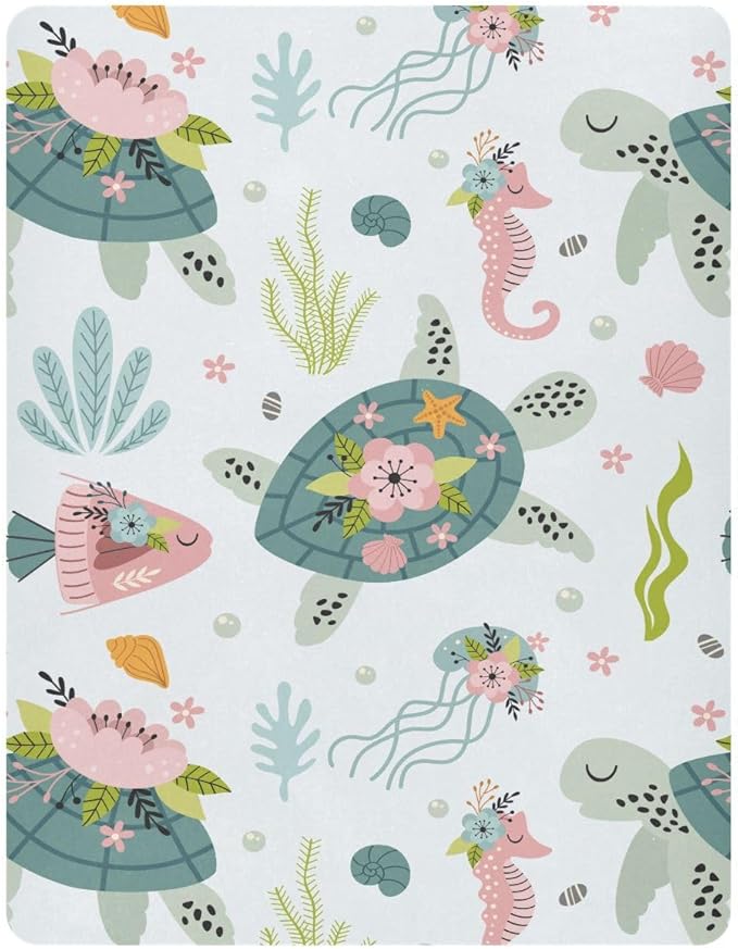 Fitted Crib Sheets Turtle Sea Horse Stretchy Portable Playard Sheets for Baby Toddler, Breathable Soft Mini Crib Mattress 52 x 28 in for Boys and Girls