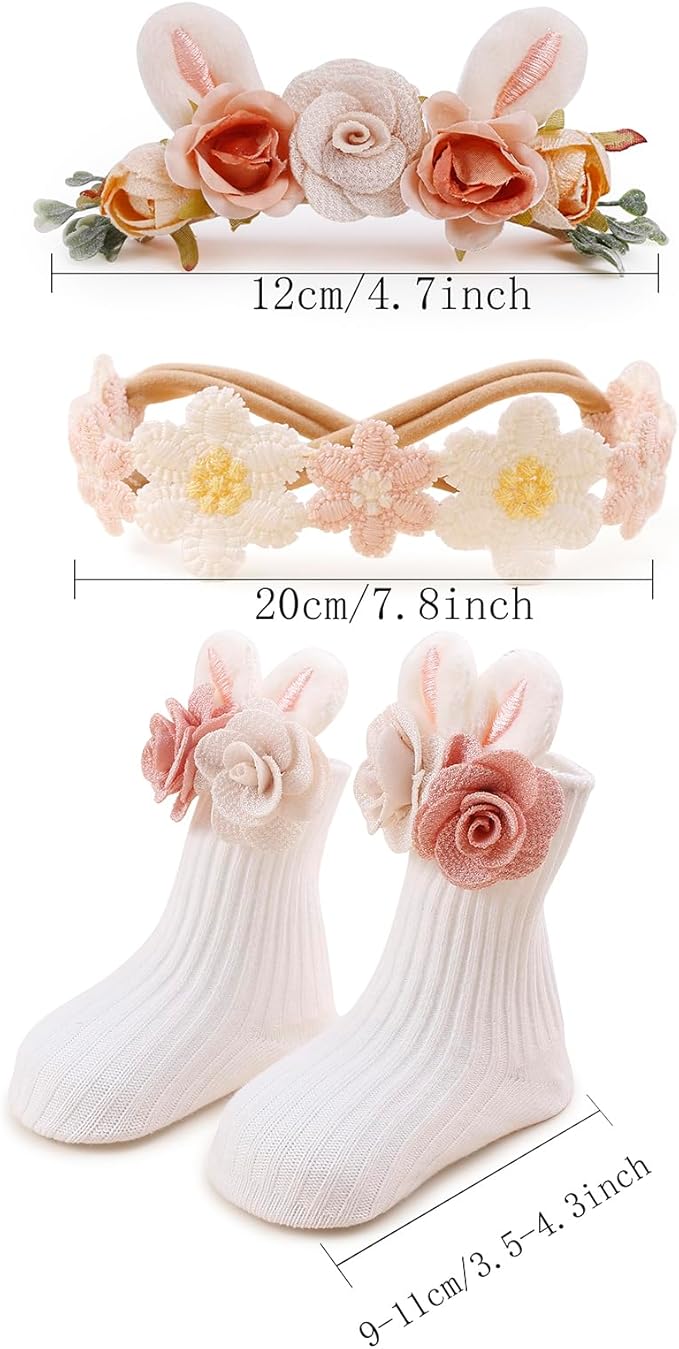 Baby Girls Headband & Socks Set, Cute Socks with Flower Hair Bows Baby Accessories Gifts for Newborn Infant Toddler