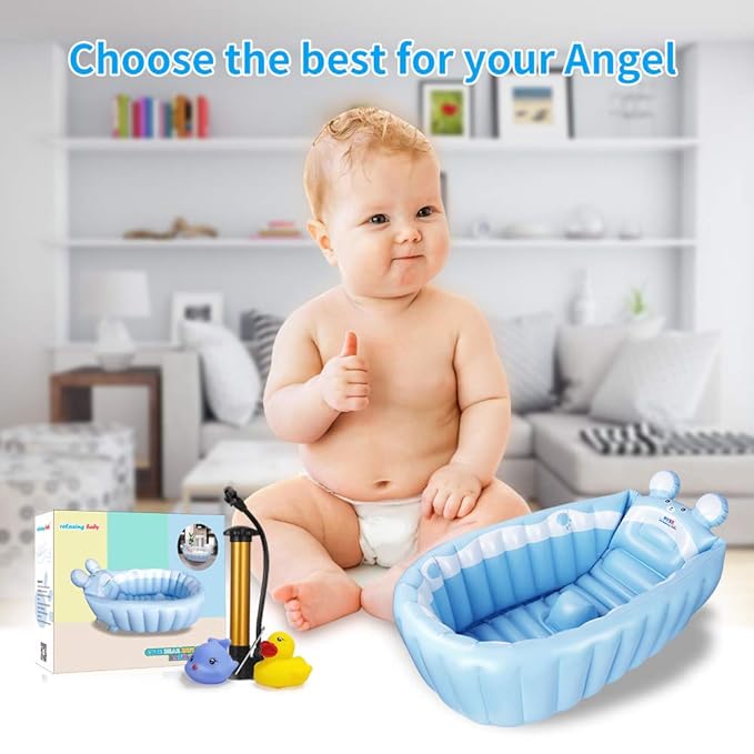 | Inflatable Baby Bathtub,Newborn Bathtub Seat for Infant,Non-Slip Baby Pool for Sitting up,Foldable Toddler Tub Shower,Portable Travel Bath for Kids 0-6 Year (Blue, Animal Print)