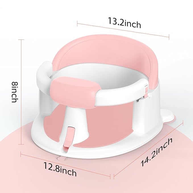 Baby Bath Seat Baby Bathtub - with Strong Suction Cups and 360° Surround Support – Easy Release, Non-Slip Cushion, Lockable Armrests – Infant Bath Chair for Babies 6-24 Months, Pink