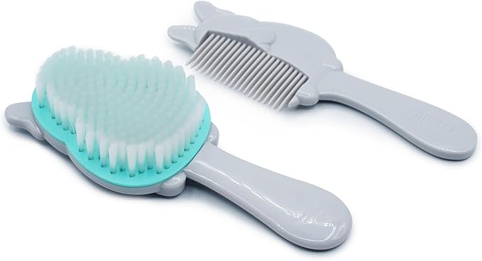 melii 2 Piece Hair Brush and Comb Set for Babies, Toddlers, & Kids, Easy Grip, Fun Designs - Bulldog