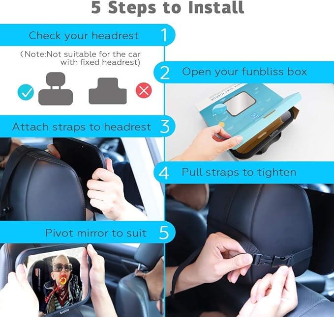 Funbliss Baby Car Mirror Safely Monitor,Car Mirror Baby Rear Facing Seat,No Assembly Required, Safer,Best Newborn, Shatterproof