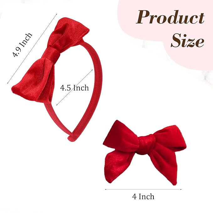 Velvet Bow Headband & 2 Pcs 4 Inch Hair Bows Set, Black School Hair Accessories for Little Toddler School Girls (Velvet Red)