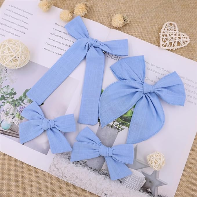 3 Styles Hair Bow Clips for Little Girls Toddler Baby Mom Women Hair Barrettes Accessories 4 Pcs Cotton Linen Bows Blue