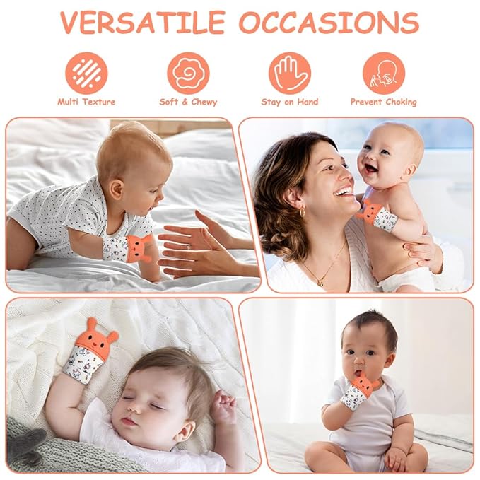 2Pack Silicone Teething Mitt, Rabbit Baby Teething Toy for 0-6 6-12 Months, Food Grade Silicone Infant Teething Mitten, BPA-Free Baby Chew Toys for Pain Relief, Sucking Needs