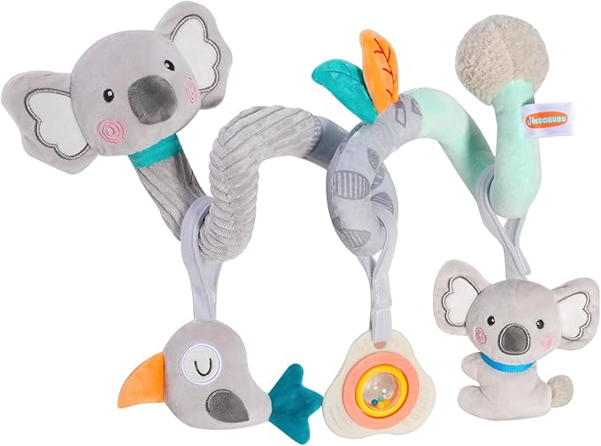 Baby Spiral Car Seat Toy, Stroller Hanging Sensory Toy for Newborn 0-12 Months, Soft Plush with Rattle Crinkle Teether, Koala Bird Activity Toy for Infant Boys Girls