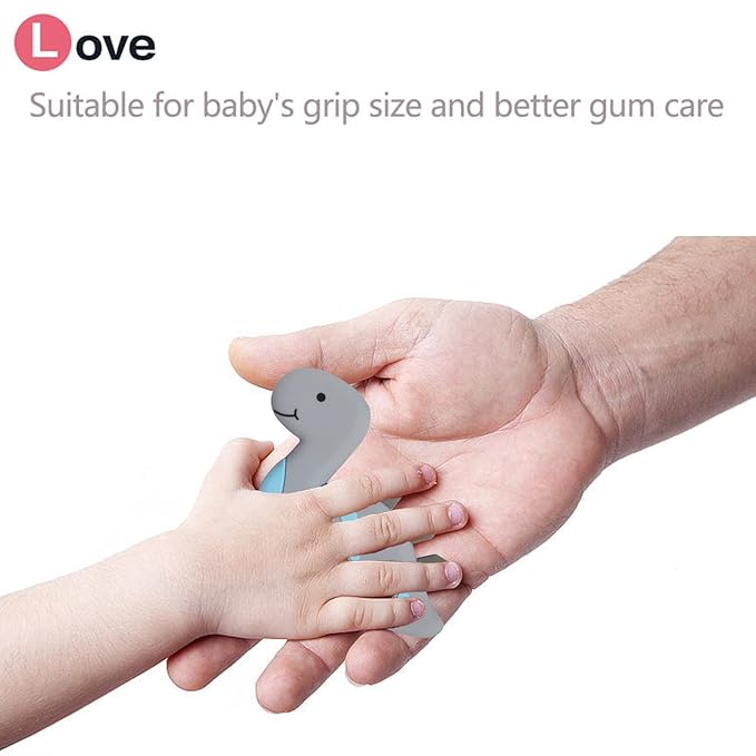 BIGSPINACH 1 Soft Dinosaur Teether for Babies and 1 Baby Pacifier Clip, Valentines Day Gifts for Baby Girl Boy,Silicone Chew Toys (Grey Dinosaur)