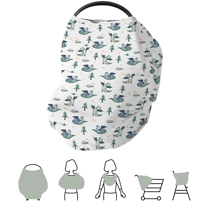 Fairytale Dragon Trees Stars Baby Car Seat Covers Cute Dragons Green Stretchy 5-in-1 Cover Adjustable Infant Carseat Canopy Cover Fantasy Animal Breathable Nursing Cover-Up
