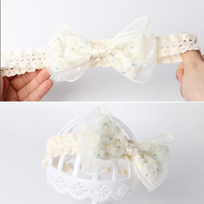 Handmade Baby Girl Headbands in Beige Baby Bows and Floral Lace Headband Bows for Newborns and Toddlers Cute Baby Girl Bows and Newborn Headband Bows