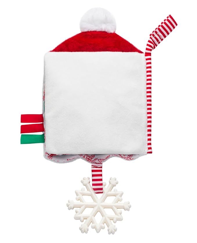 Soft Plush 5 inches Crinkle Activity Book with Teether, Satin Ribbons and Travel Strap, Santa Embroidery, Christmas Red
