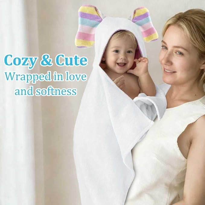 VOOVA & MOVAS Cute Elephant Ears Large Hooded Towel for Baby – 100% Cotton, 420GSM, Thick & Super Absorbent – 33" x 31.5", for 0–18 Months – Newborn, Toddler, Infant Bath Towel, Baby Essentials,White