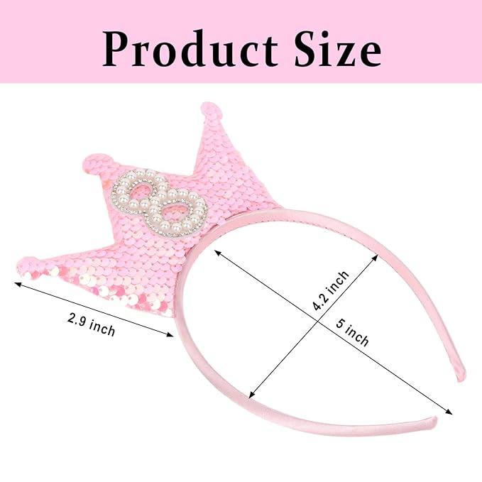 Birthday Crown Headband Pink Glitter Headbands for Girls Gifts for 8 Year Old Girls 8th Birthday Decorations
