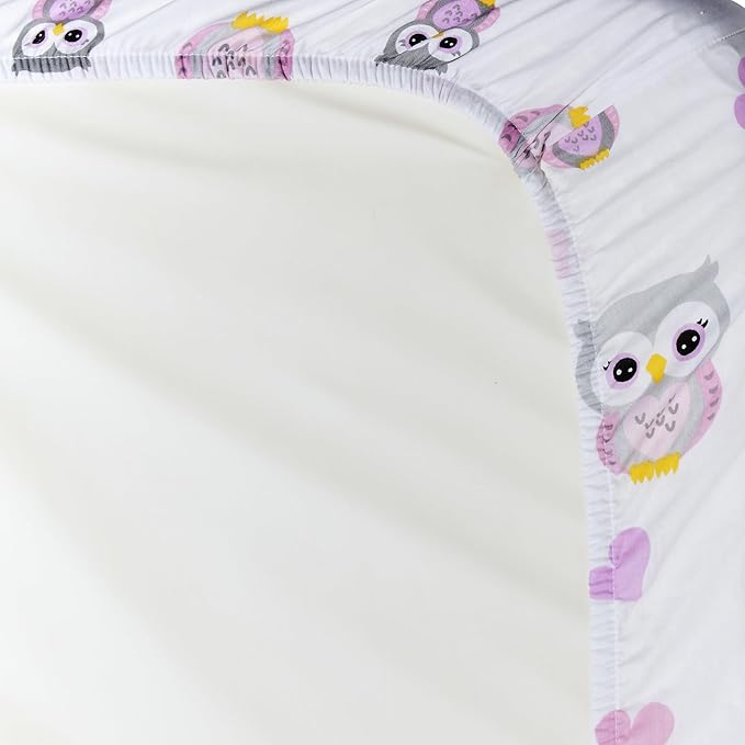 2 Pack n Play Mattress Sheets – 100% Percale Weave Cotton Soft Portable Crib Mattress Sheets for Girls with Owls/Hearts and Solid Pink Design; 2 Pc Playpen Mattress or Mini Crib Sheet Fitted Set