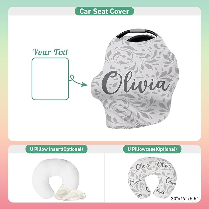 Custom Name Car Seat Canopy - Baby Car Seat Covers, Infant Stroller Cover, Carseat Canopy Christmas Birthday Gifts for Girls and Boys White Leaf Pattern