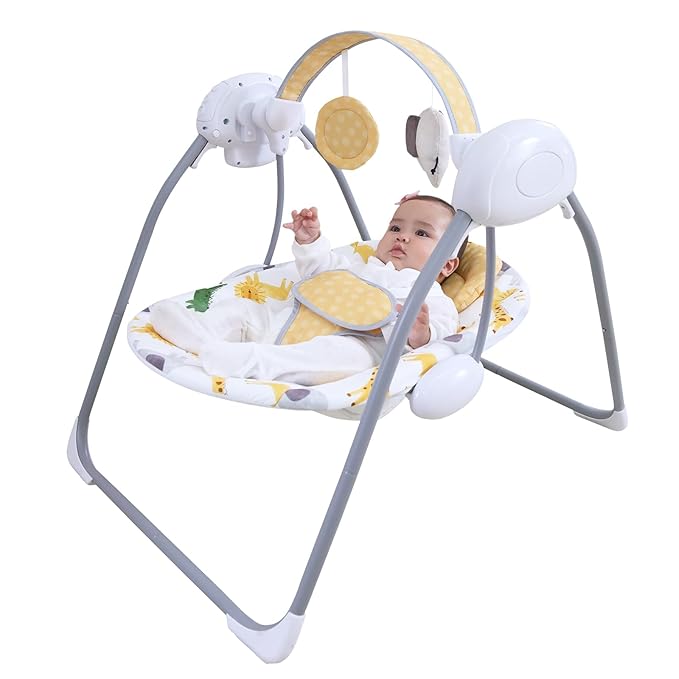 Baby Swing for Infant,Newborn Swing with Music,5 Speed Levels,Timing Setting,Soft Cushion,Foldable Infant Swing with Hanging Elephant Toy & Mirror for Indoor Outdoor Use 0-9 Months