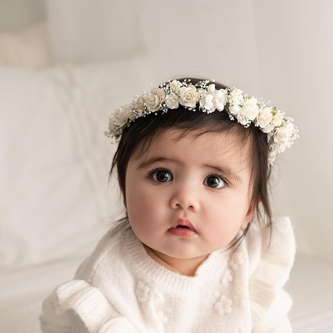 Toddler Flower Crown with Baby's Breath 1st Birthday Photo Prop Headpiece Baby Girls Floral Hair Wreath Rustic Wedding Headband for Toddler(40cm length)